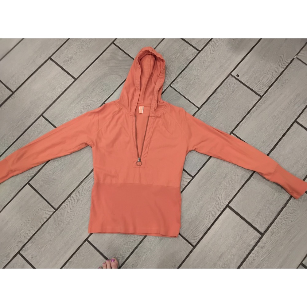 Lucy Activewear Coral Orange 1/4 Zip Hoodie Cotton Thumbhole Pullover Womens M